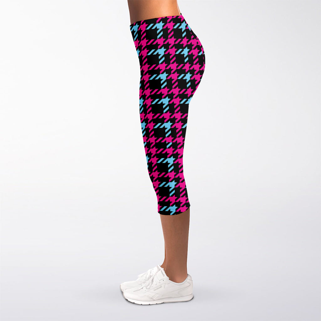Blue Pink And Black Houndstooth Print Women's Capri Leggings