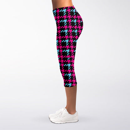 Blue Pink And Black Houndstooth Print Women's Capri Leggings