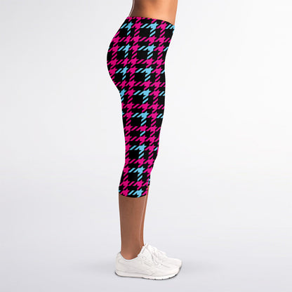 Blue Pink And Black Houndstooth Print Women's Capri Leggings