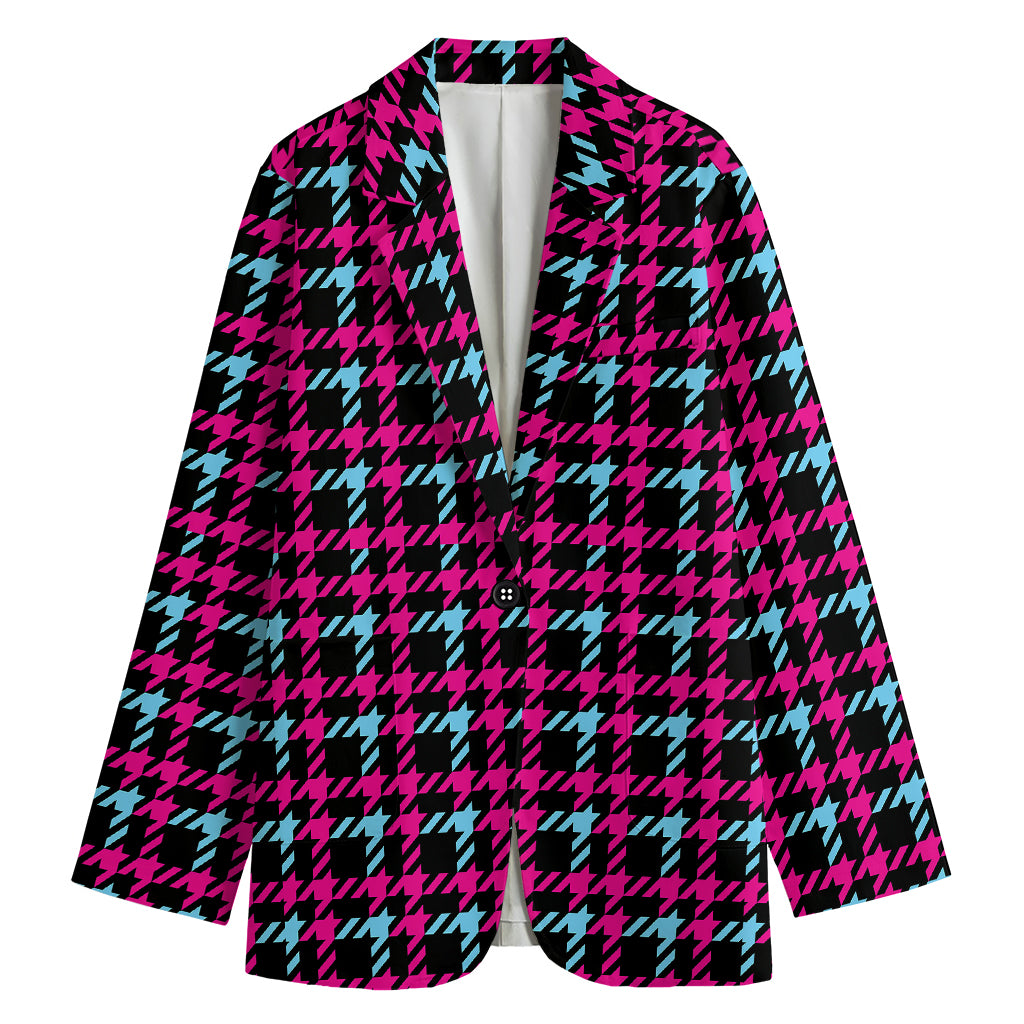 Blue Pink And Black Houndstooth Print Women's Cotton Blazer