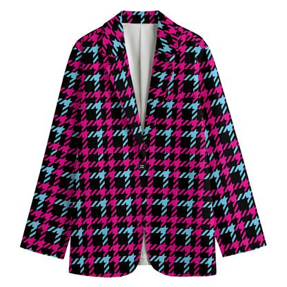 Blue Pink And Black Houndstooth Print Women's Cotton Blazer