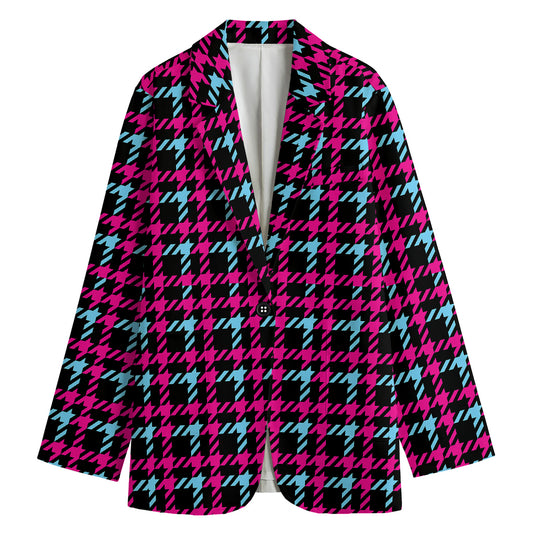 Blue Pink And Black Houndstooth Print Women's Cotton Blazer