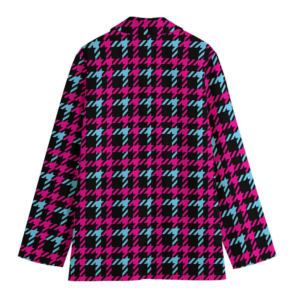 Blue Pink And Black Houndstooth Print Women's Cotton Blazer