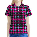 Blue Pink And Black Houndstooth Print Women's Polo Shirt