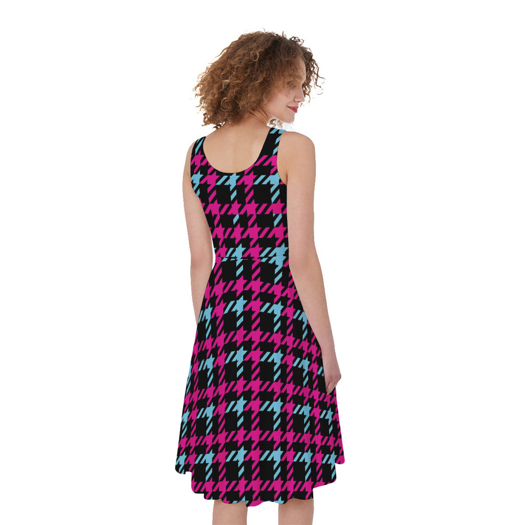 Blue Pink And Black Houndstooth Print Women's Sleeveless Dress