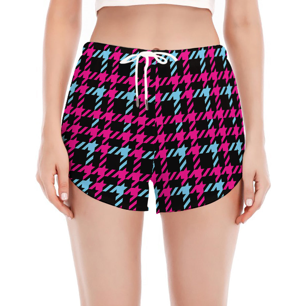Blue Pink And Black Houndstooth Print Women's Split Running Shorts