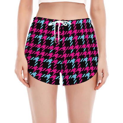 Blue Pink And Black Houndstooth Print Women's Split Running Shorts