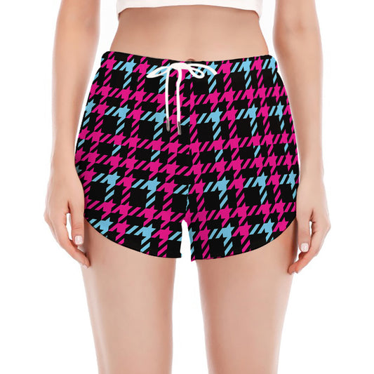 Blue Pink And Black Houndstooth Print Women's Split Running Shorts