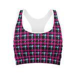 Blue Pink And Black Houndstooth Print Women's Sports Bra