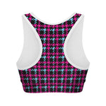 Blue Pink And Black Houndstooth Print Women's Sports Bra