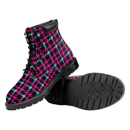 Blue Pink And Black Houndstooth Print Work Boots