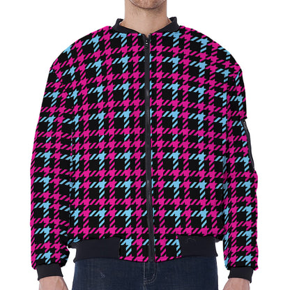 Blue Pink And Black Houndstooth Print Zip Sleeve Bomber Jacket