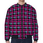 Blue Pink And Black Houndstooth Print Zip Sleeve Bomber Jacket