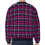 Blue Pink And Black Houndstooth Print Zip Sleeve Bomber Jacket
