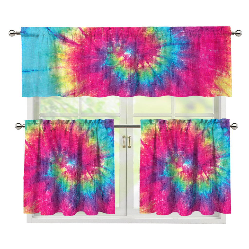 Blue Pink And Yellow Tie Dye Print 3 Piece Kitchen Curtains