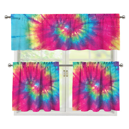 Blue Pink And Yellow Tie Dye Print 3 Piece Kitchen Curtains