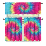 Blue Pink And Yellow Tie Dye Print 3 Piece Kitchen Curtains