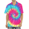 Blue Pink And Yellow Tie Dye Print Aloha Shirt