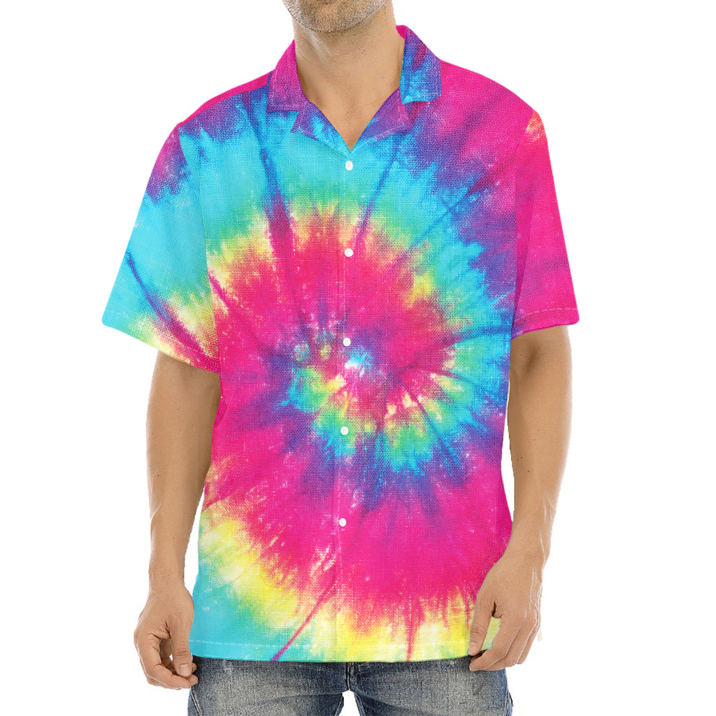 Blue Pink And Yellow Tie Dye Print Aloha Shirt