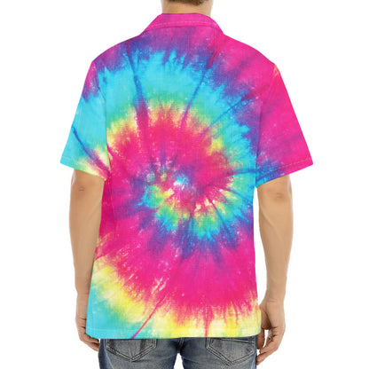 Blue Pink And Yellow Tie Dye Print Aloha Shirt