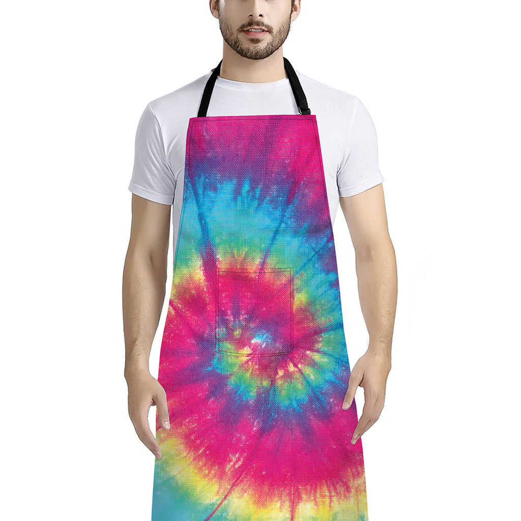Blue Pink And Yellow Tie Dye Print Bib Apron With Pocket