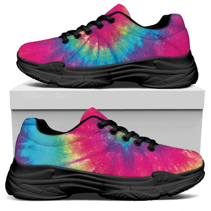 Blue Pink And Yellow Tie Dye Print Black Chunky Shoes