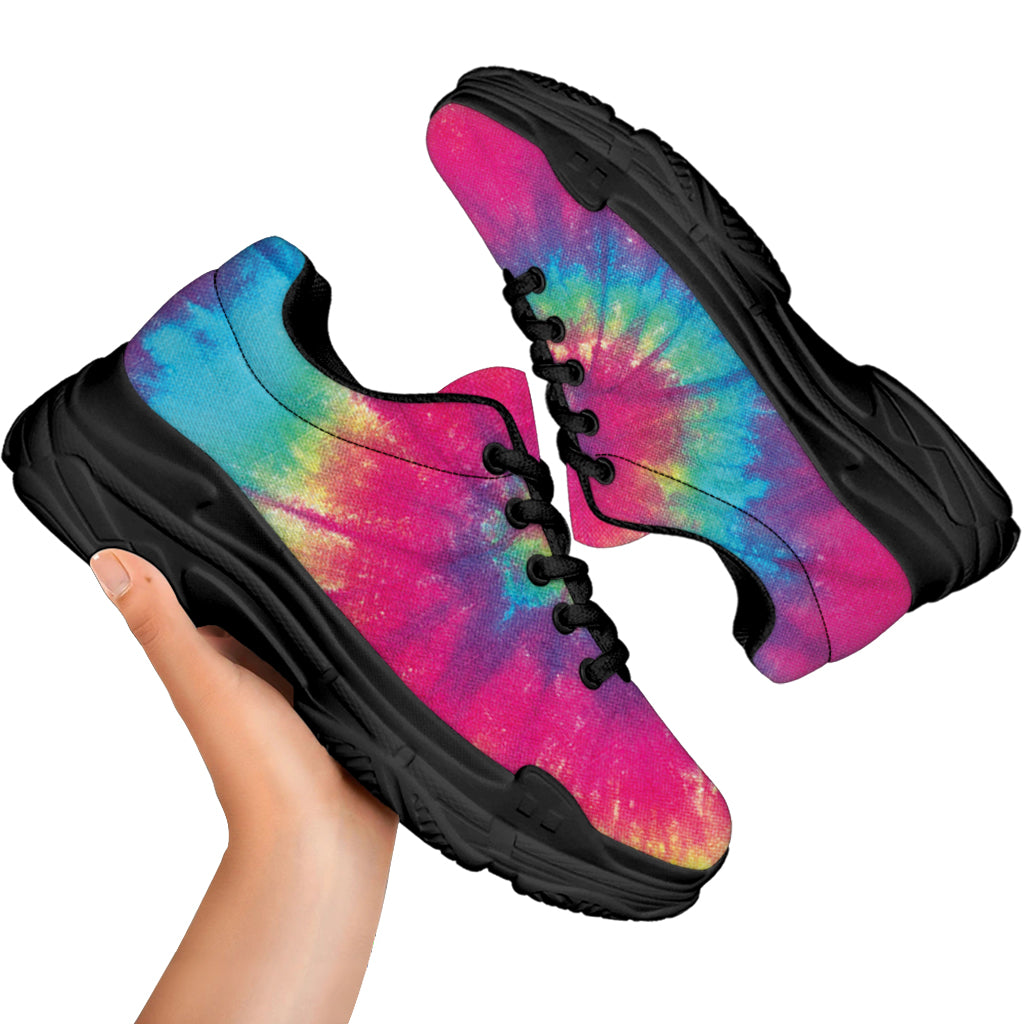 Blue Pink And Yellow Tie Dye Print Black Chunky Shoes
