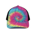 Blue Pink And Yellow Tie Dye Print Black Mesh Trucker Hat