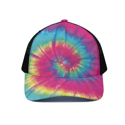 Blue Pink And Yellow Tie Dye Print Black Mesh Trucker Cap