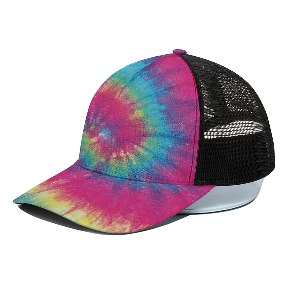 Blue Pink And Yellow Tie Dye Print Black Mesh Trucker Cap
