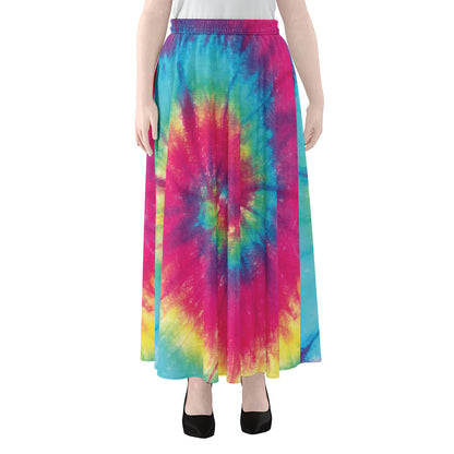 Blue Pink And Yellow Tie Dye Print Chiffon Maxi Skirt
