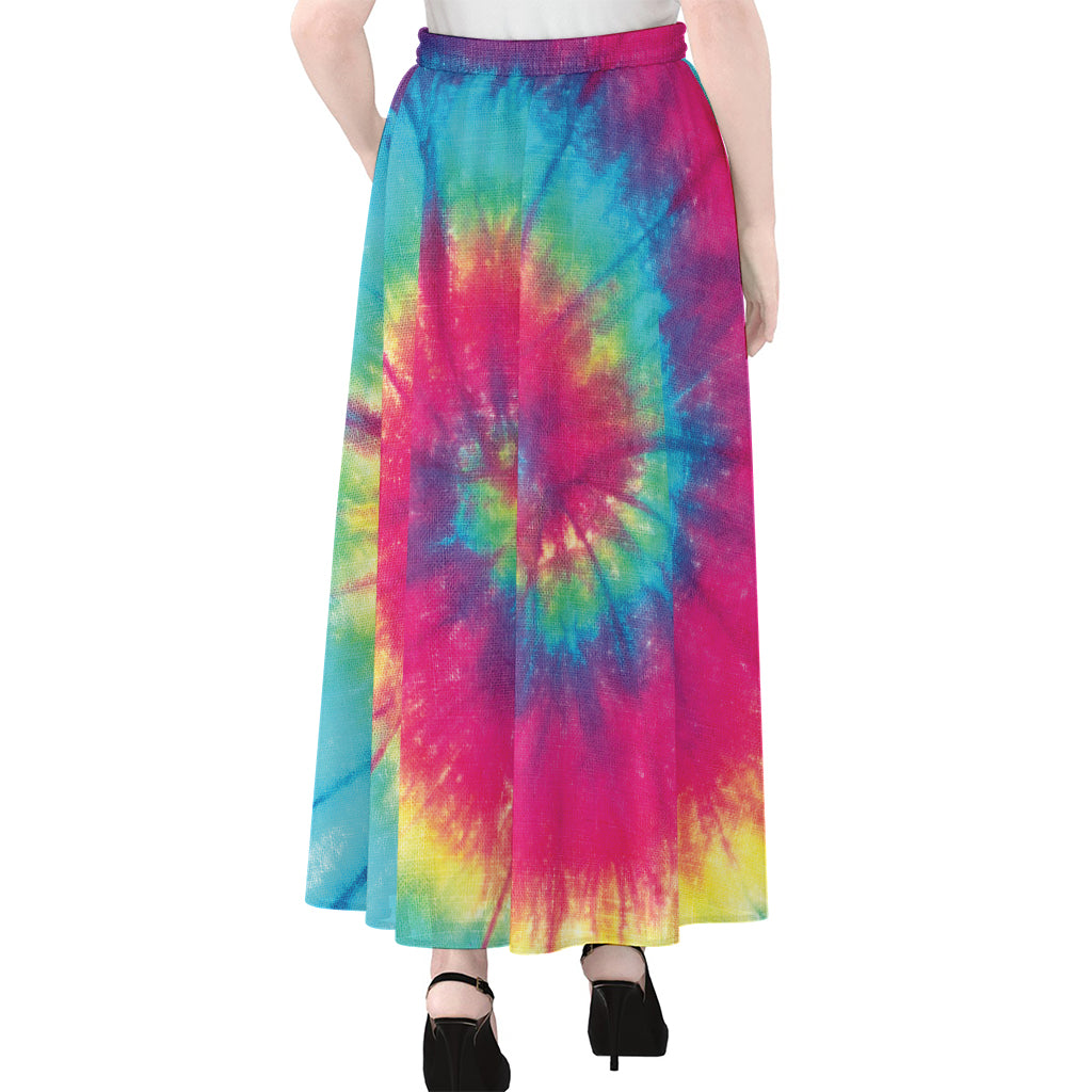 Blue Pink And Yellow Tie Dye Print Chiffon Maxi Skirt