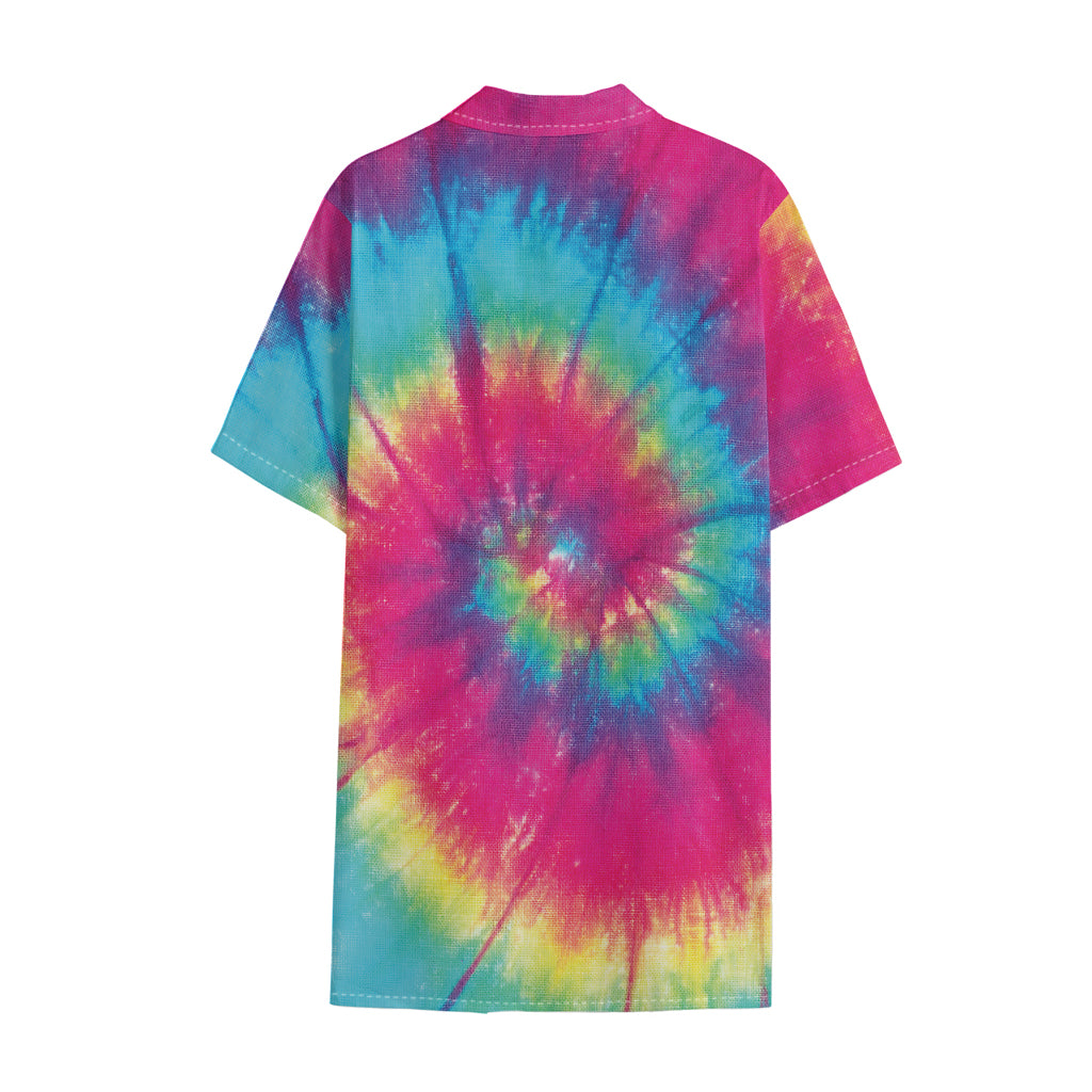 Blue Pink And Yellow Tie Dye Print Cotton Hawaiian Shirt