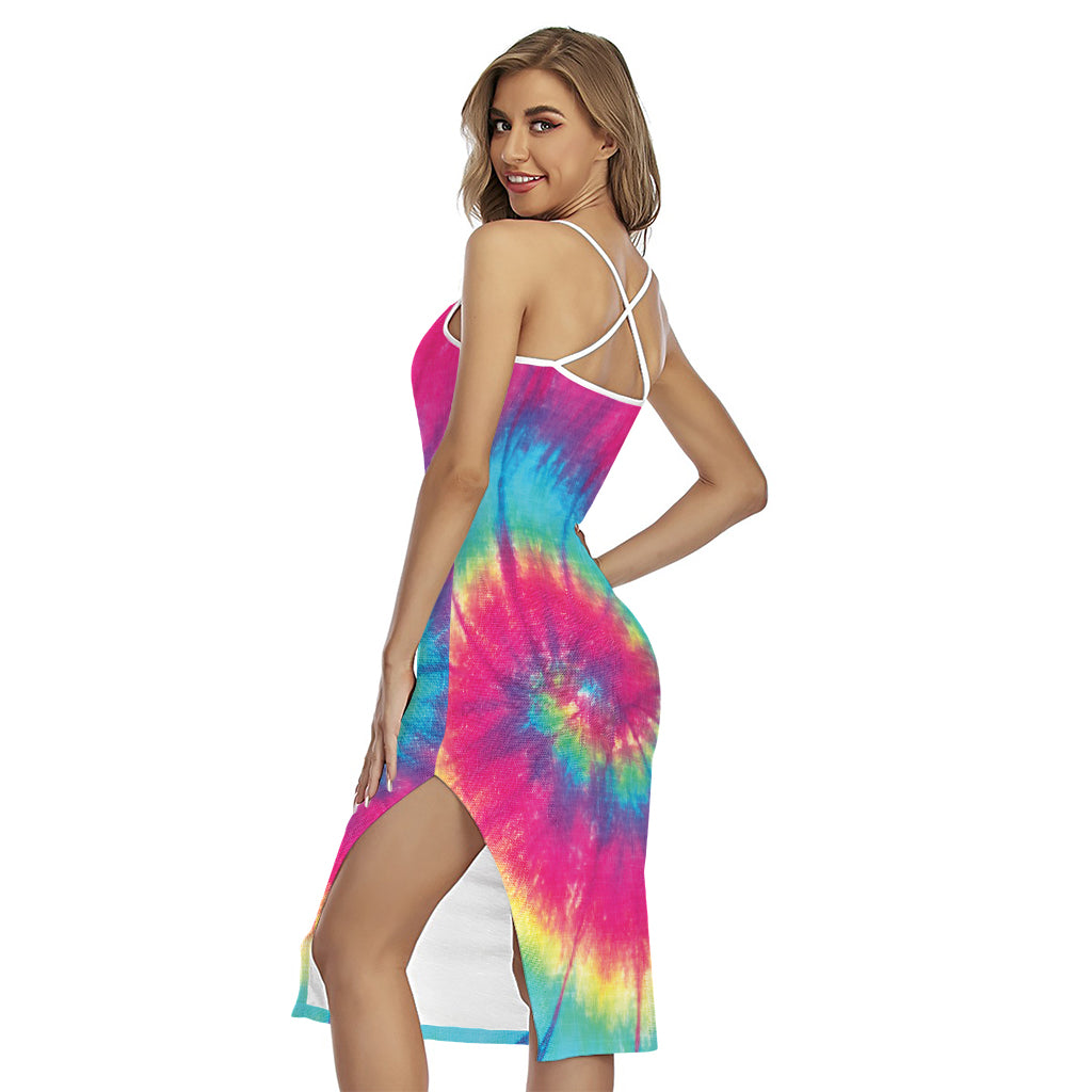 Blue Pink And Yellow Tie Dye Print Cross Back Cami Dress