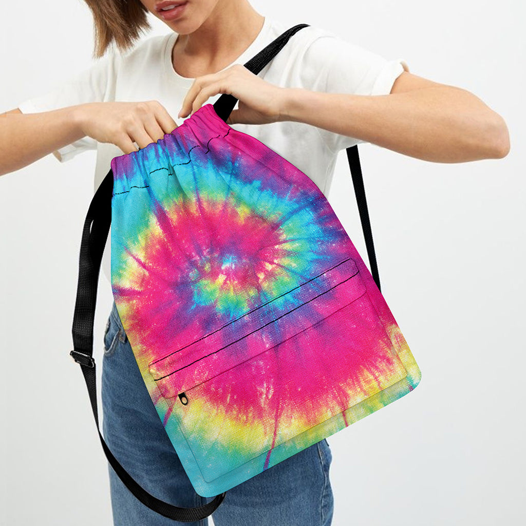 Blue Pink And Yellow Tie Dye Print Drawstring Backpack