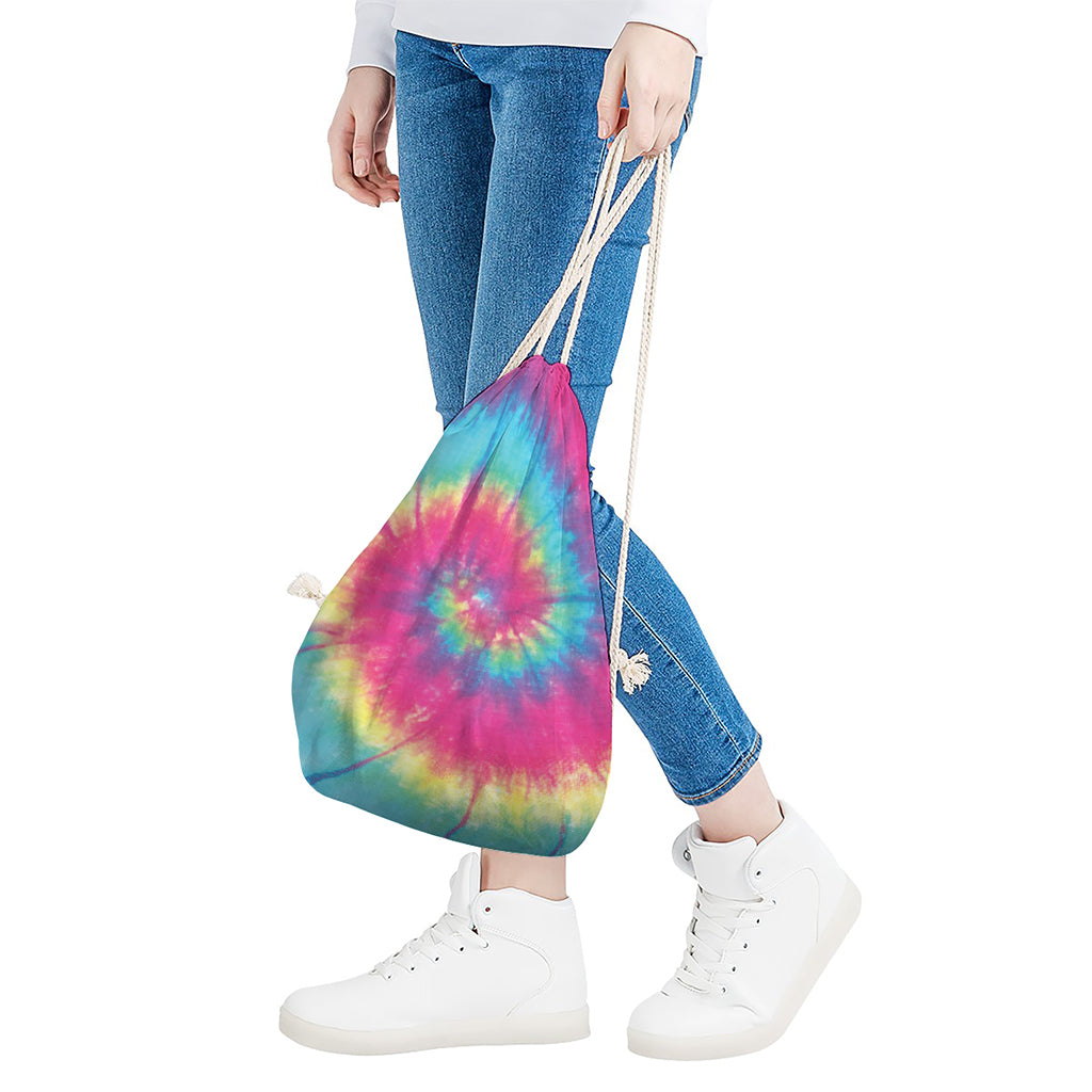 Blue Pink And Yellow Tie Dye Print Drawstring Bag