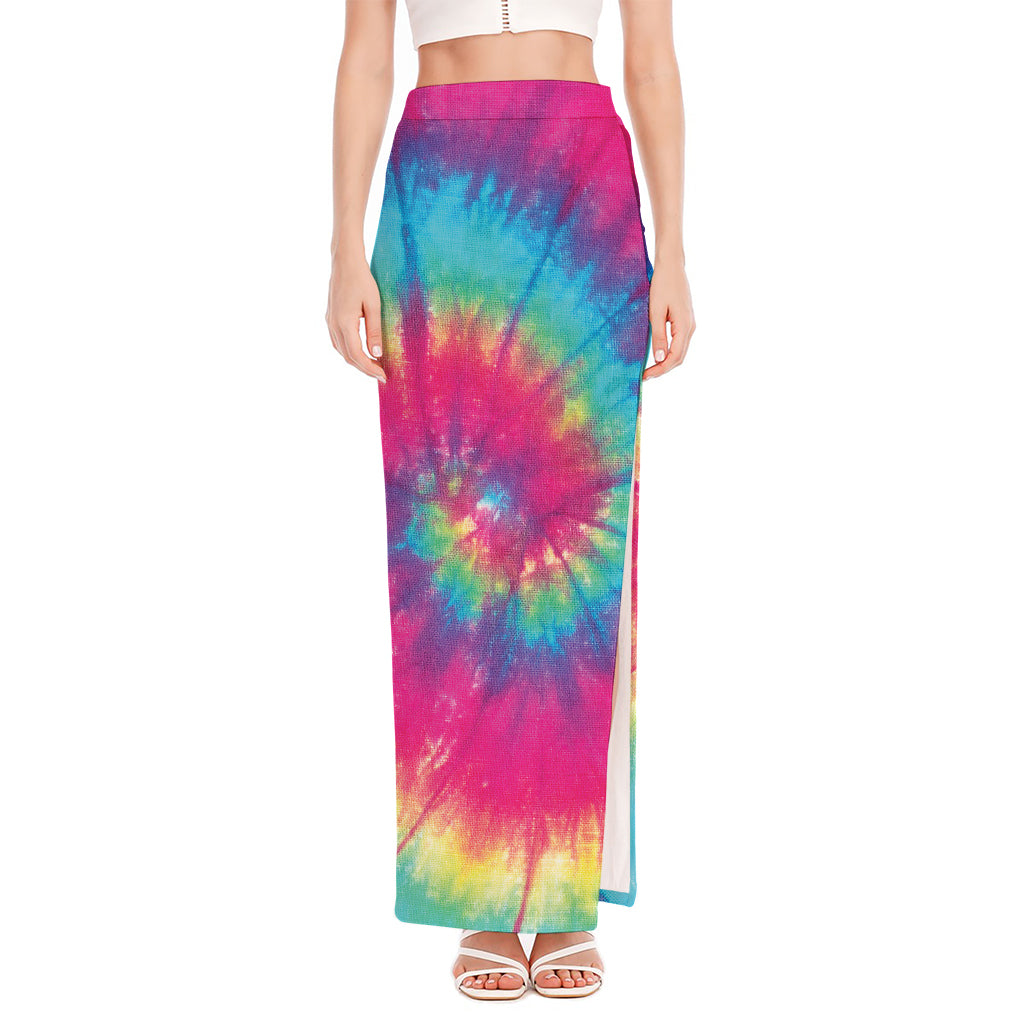 Blue Pink And Yellow Tie Dye Print High Slit Maxi Skirt