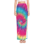 Blue Pink And Yellow Tie Dye Print High Slit Maxi Skirt