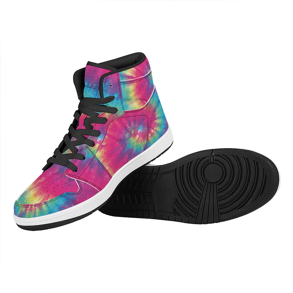 Blue Pink And Yellow Tie Dye Print High Top Leather Sneakers