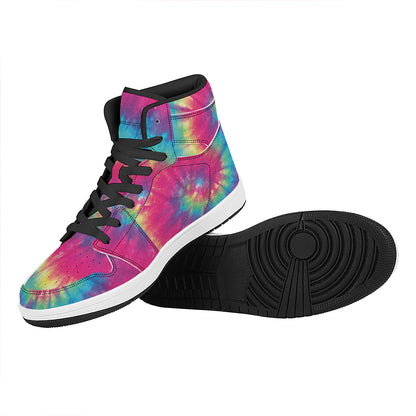 Blue Pink And Yellow Tie Dye Print High Top Leather Sneakers
