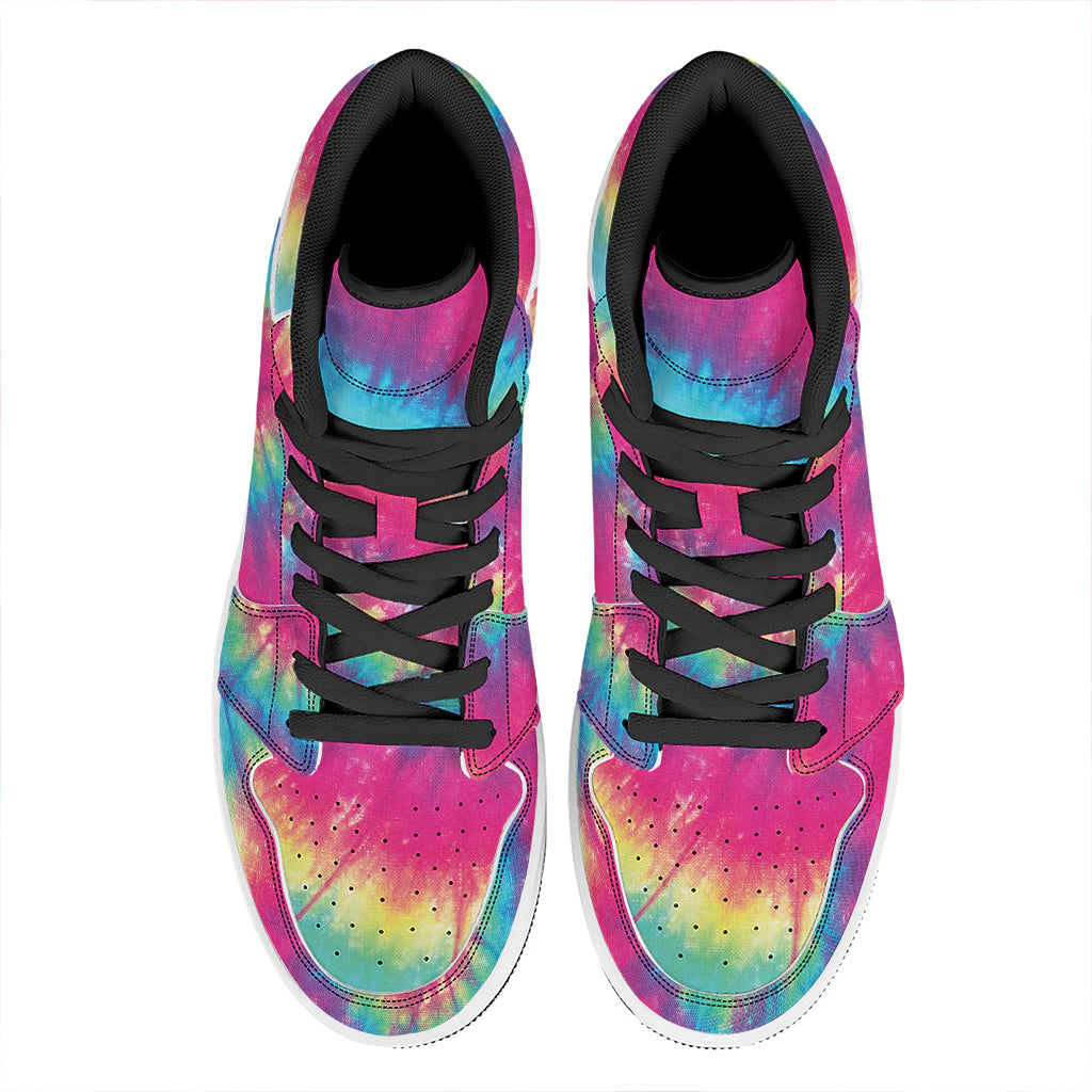 Blue Pink And Yellow Tie Dye Print High Top Leather Sneakers