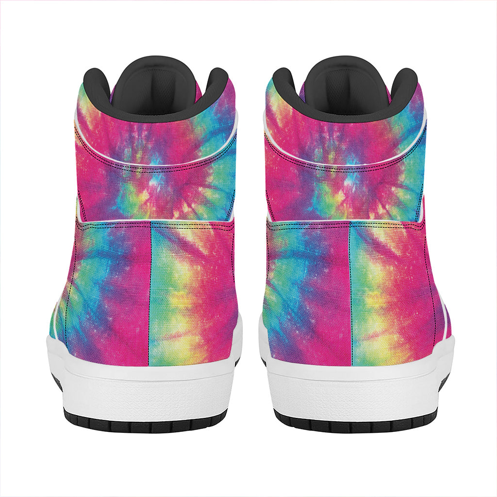 Blue Pink And Yellow Tie Dye Print High Top Leather Sneakers