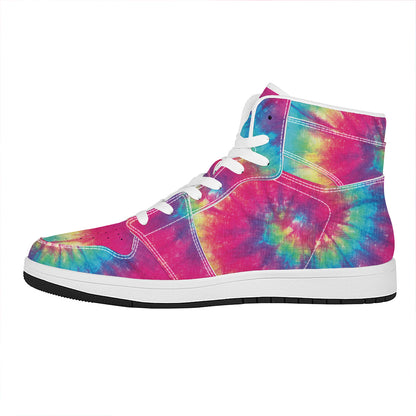 Blue Pink And Yellow Tie Dye Print High Top Leather Sneakers