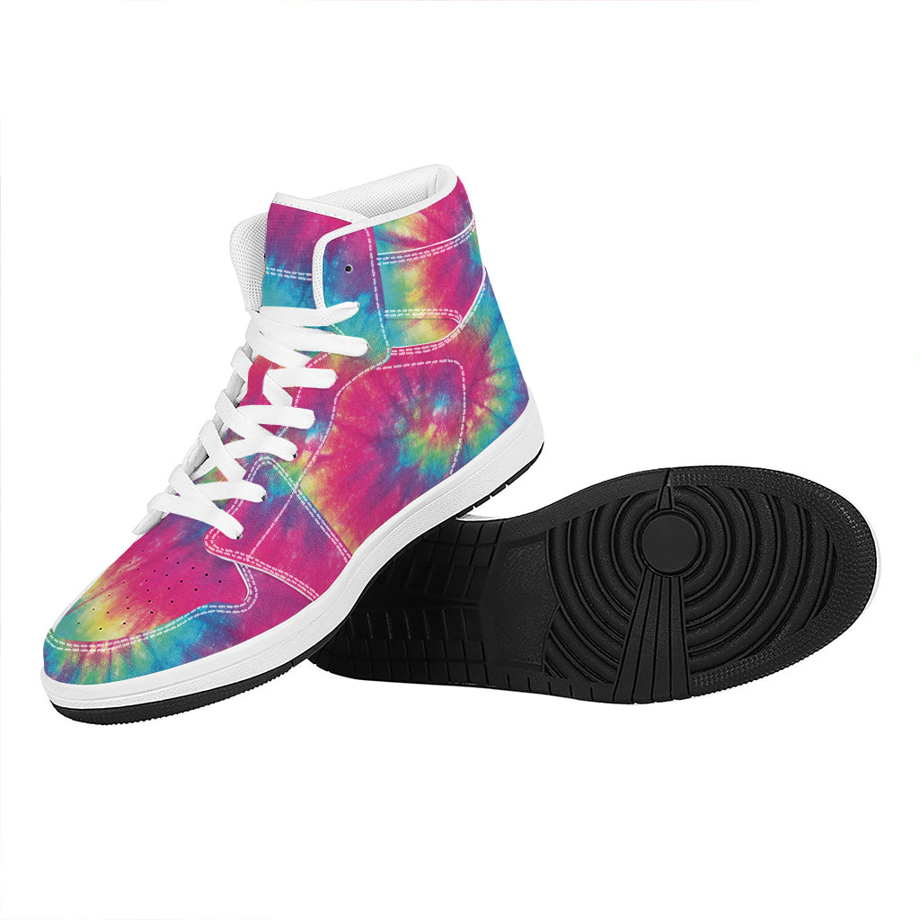Blue Pink And Yellow Tie Dye Print High Top Leather Sneakers