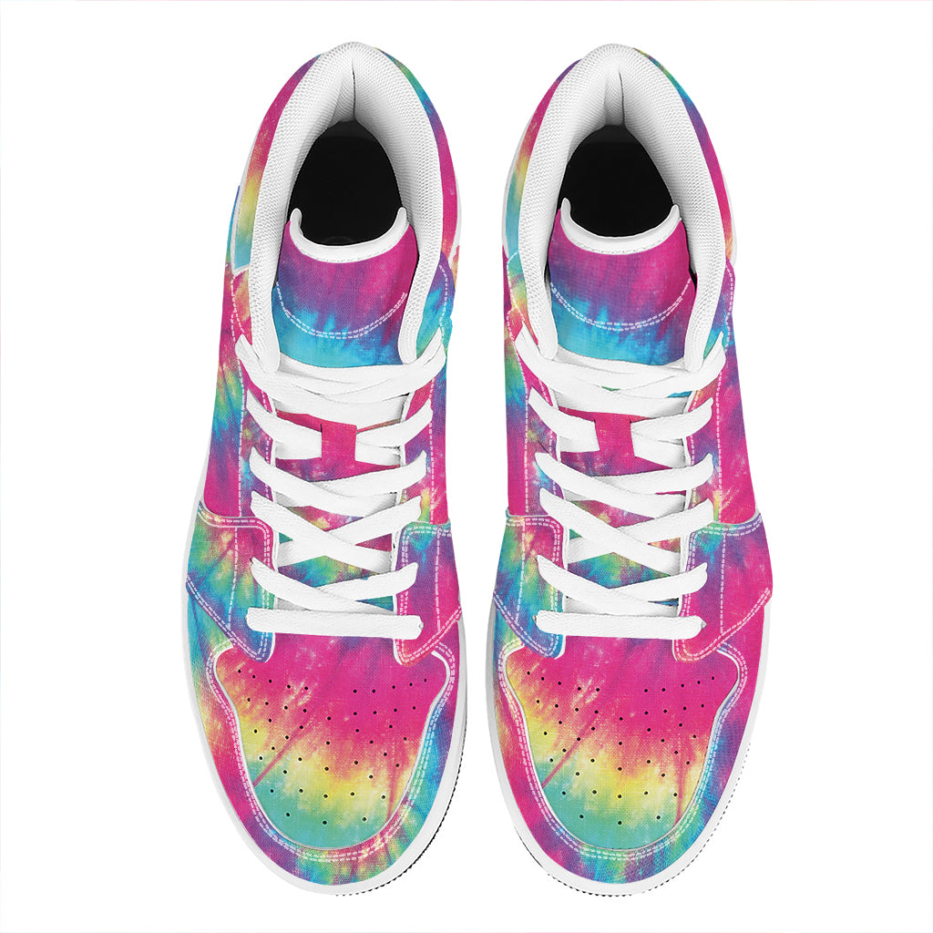 Blue Pink And Yellow Tie Dye Print High Top Leather Sneakers