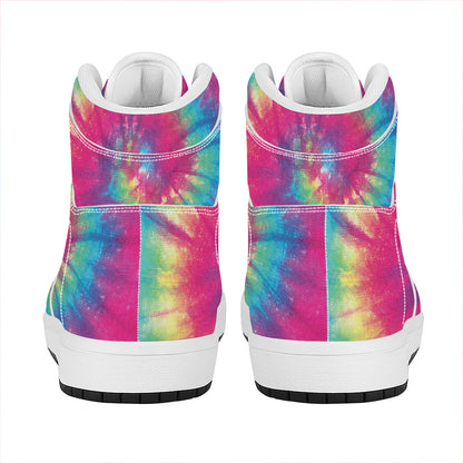 Blue Pink And Yellow Tie Dye Print High Top Leather Sneakers