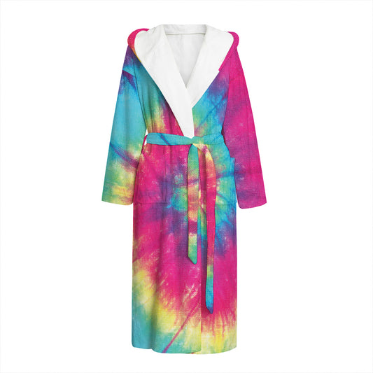 Blue Pink And Yellow Tie Dye Print Hooded Bathrobe