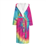 Blue Pink And Yellow Tie Dye Print Hooded Bathrobe