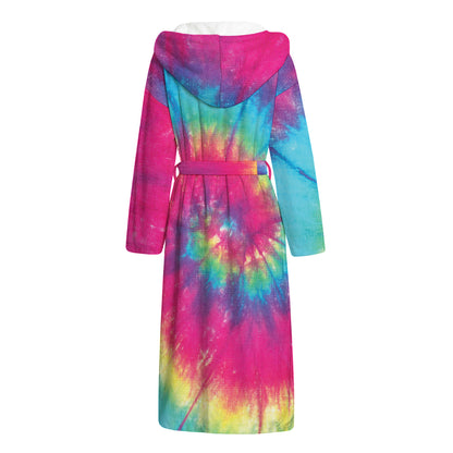 Blue Pink And Yellow Tie Dye Print Hooded Bathrobe