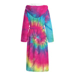 Blue Pink And Yellow Tie Dye Print Hooded Bathrobe